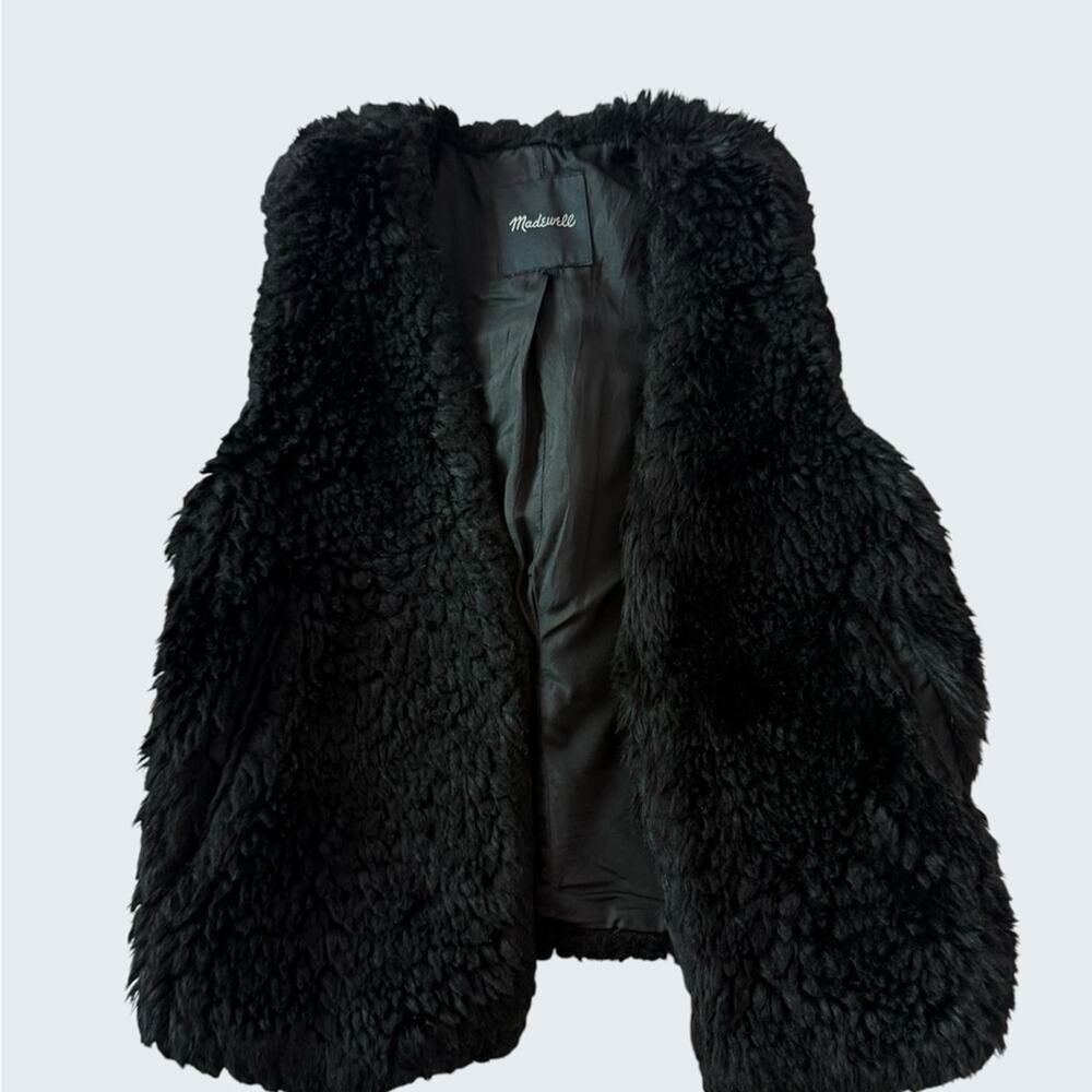Madewell Black Faux Fur Vest XXS Plush Open Front Fall Layering